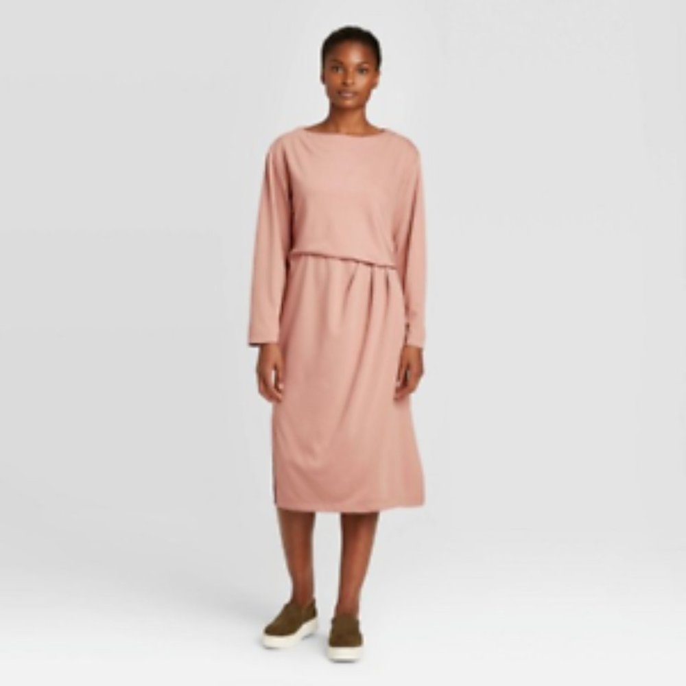 Prologue Rose Pink Long Sleeve Loose Fit Casual Minimalist Midi Dress
